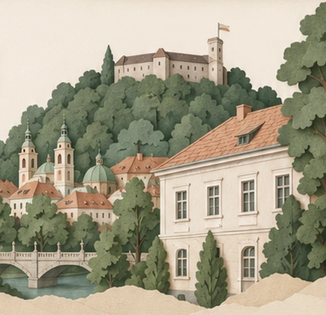 Ilustracija hiše, dreves in Ljubljane