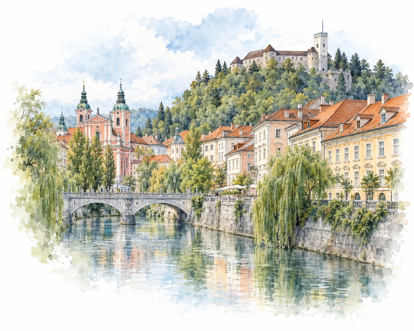 Akvarel Ljubljane: Ljubljanski grad nad Ljubljanico in Frančiškansko cerkvijo