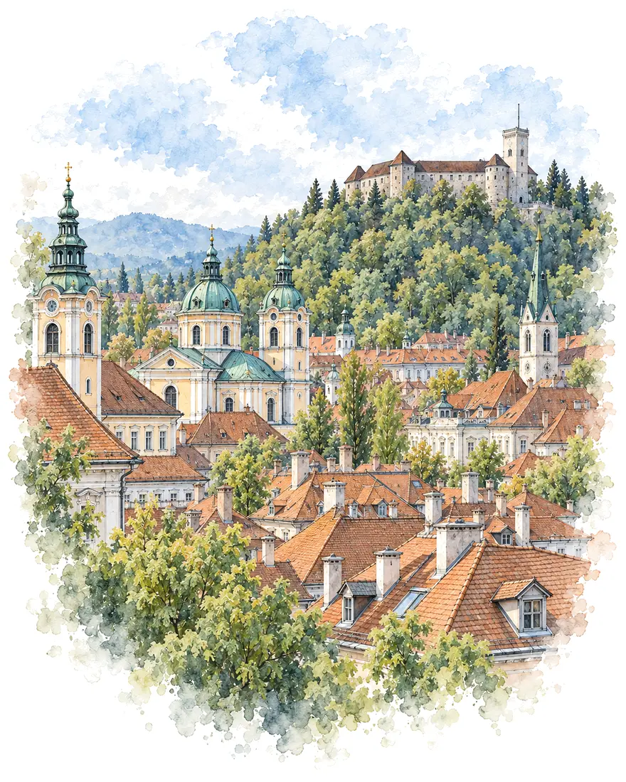 Akvarel: strehe stare Ljubljane in Ljubljanski grad