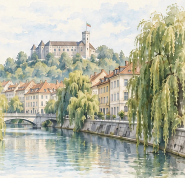 Ilustracija Ljubljane in prijazne hiše